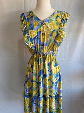 Yellow Blue Floral Midi Dress with Ruffle Sleeves